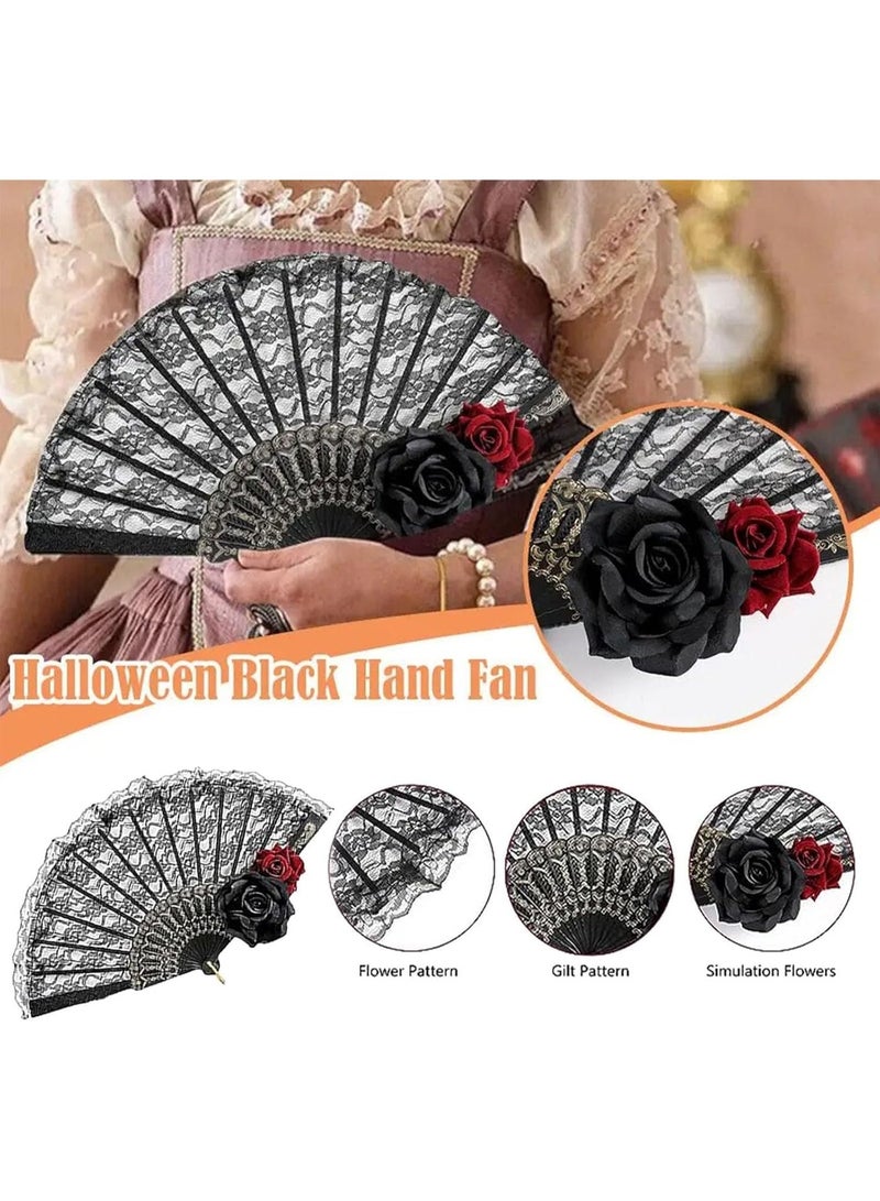 سان يي مروحة يدوية قابلة للطي، مروحة يدوية سوداء مزينة بالدانتيل والورود، مروحة إسبانية كبيرة قابلة للطي على الطراز القديم للسيدات والفتيات، مناسبة للحفلات وأزياء التنكرية والتصوير الفوتوغرافي، والعروض الحفلية، والرقص، والديكورات، والهدايا، 1 عبوة - Image 5